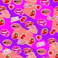 Pattern with female lips and fingers with long nails, vector seamless pattern with strawberries and painted lips, Bright summer pa Royalty Free Stock Photo